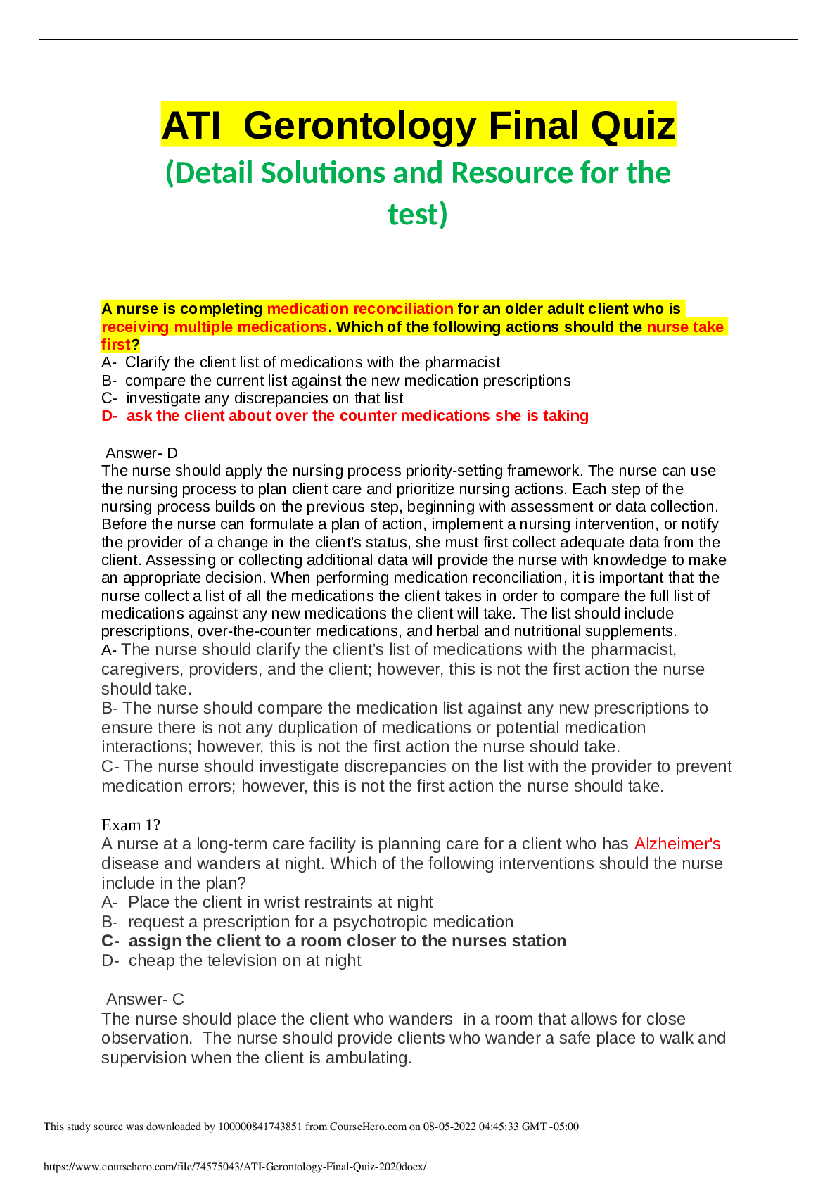 Preview image for ATI Gerontology Final Quiz 2022 (Detail Solutions and Resource for the test)